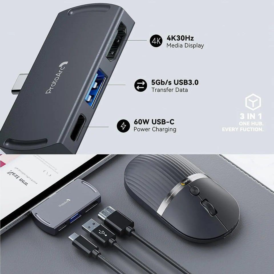 ProtoArc USB C Bluetooth Wireless Mouse Multi-device Rechargeable Laptop HubMouse with USB C Hub Portable Slient Computer Mice