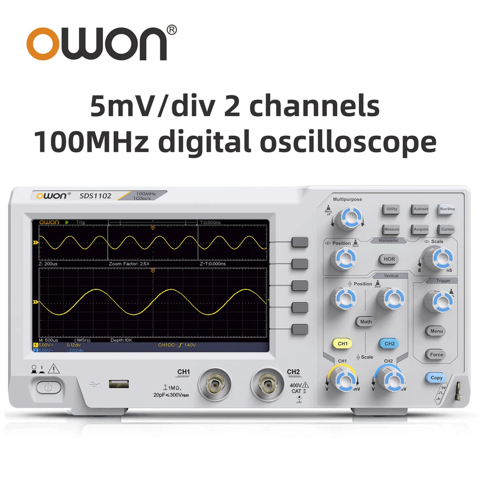 Owon Digital Oscilloscope 5mV/Div 2 Channels 100MhZ Bandwidth 1GS/s Sampling Rate 7-inch TFT Storage Desktop Oscilloscope