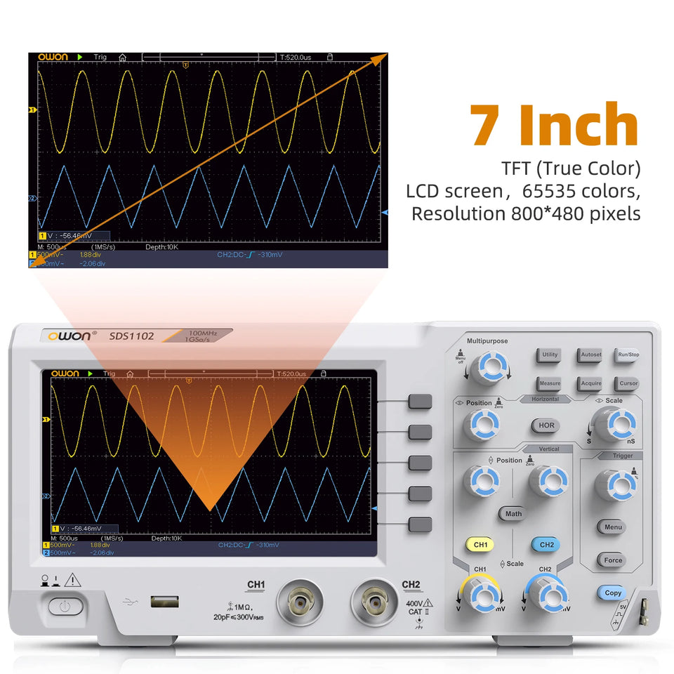 Owon Digital Oscilloscope 5mV/Div 2 Channels 100MhZ Bandwidth 1GS/s Sampling Rate 7-inch TFT Storage Desktop Oscilloscope